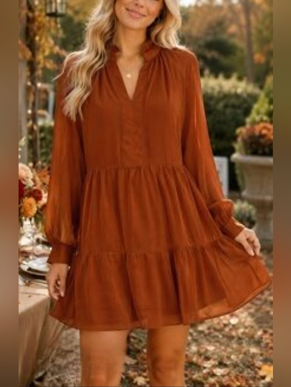 1.STATE Women's Orange Long Sleeve Tiered Dress. Size XS. Fall, Boho, Family Pic